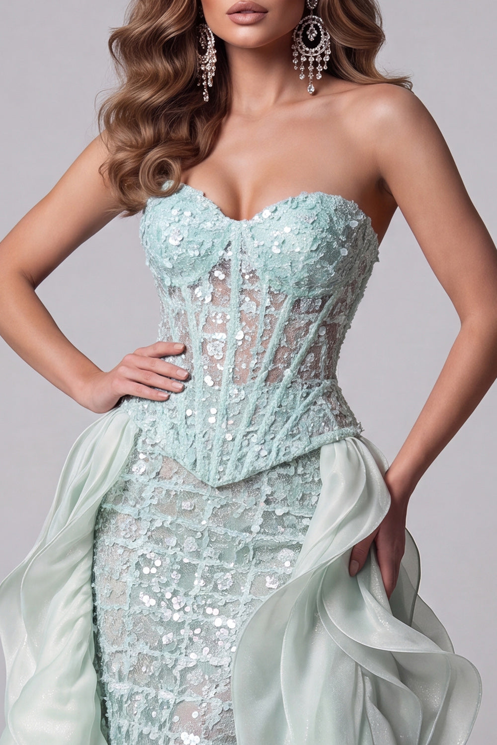 Mint Green Sparkly Sequin Mermaid Corset Long Pageant Dress with Cape