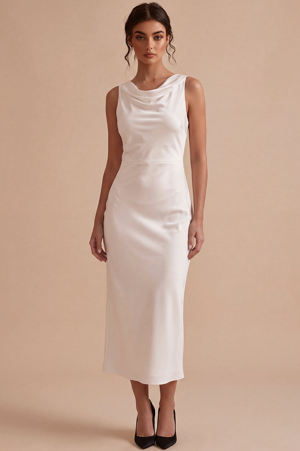 White Satin Sheath Simple Cowl Neck Maxi Engagement Dress