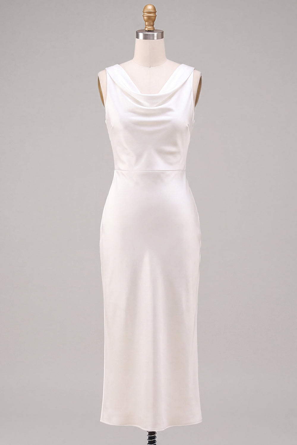 White Satin Sheath Simple Cowl Neck Maxi Engagement Dress