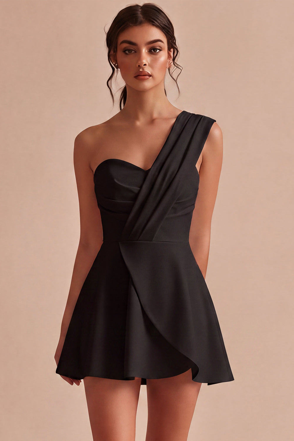 White Ruched A Line One Shoulder Mini Engagement Dress