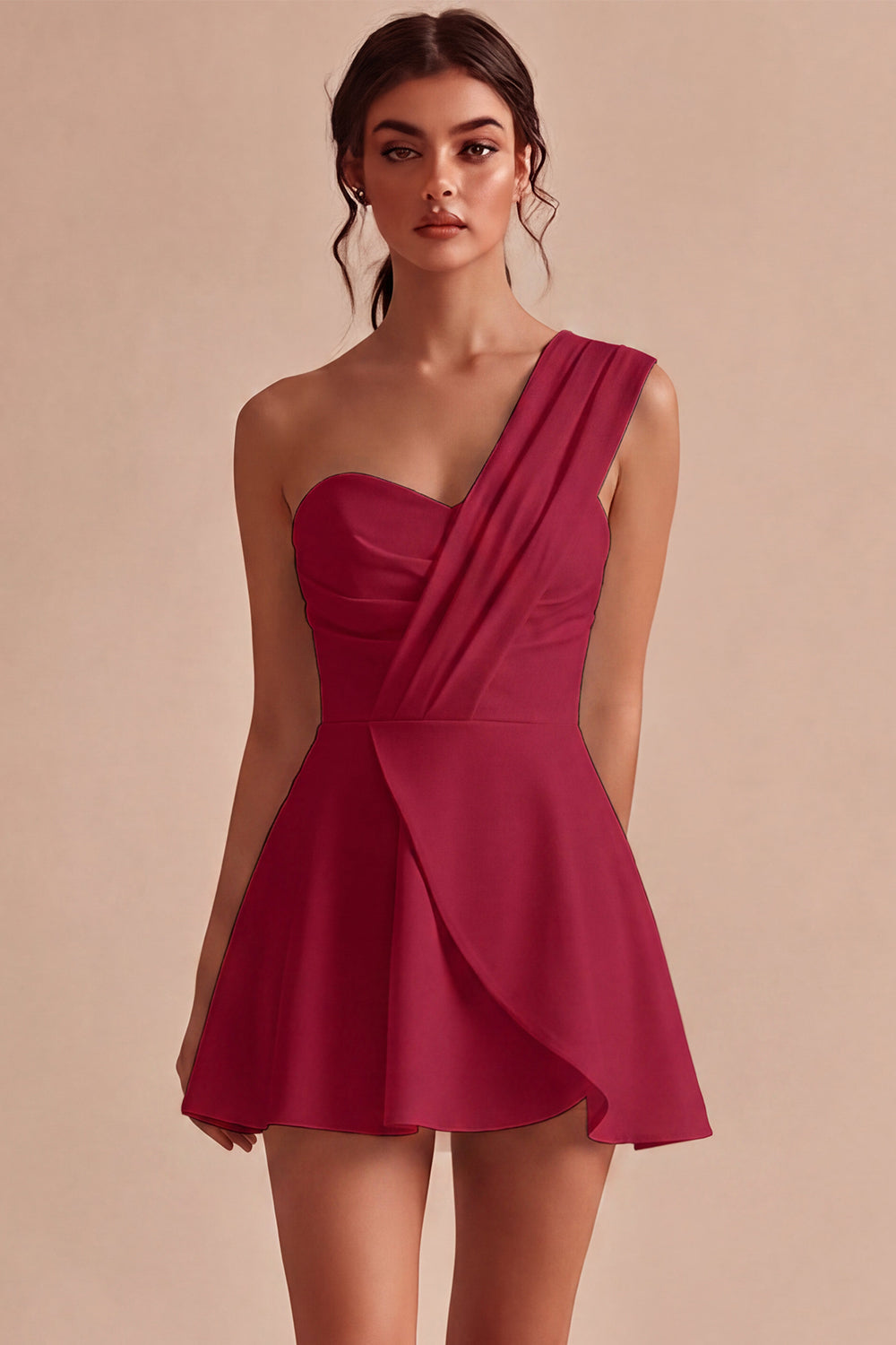 White Ruched A Line One Shoulder Mini Engagement Dress