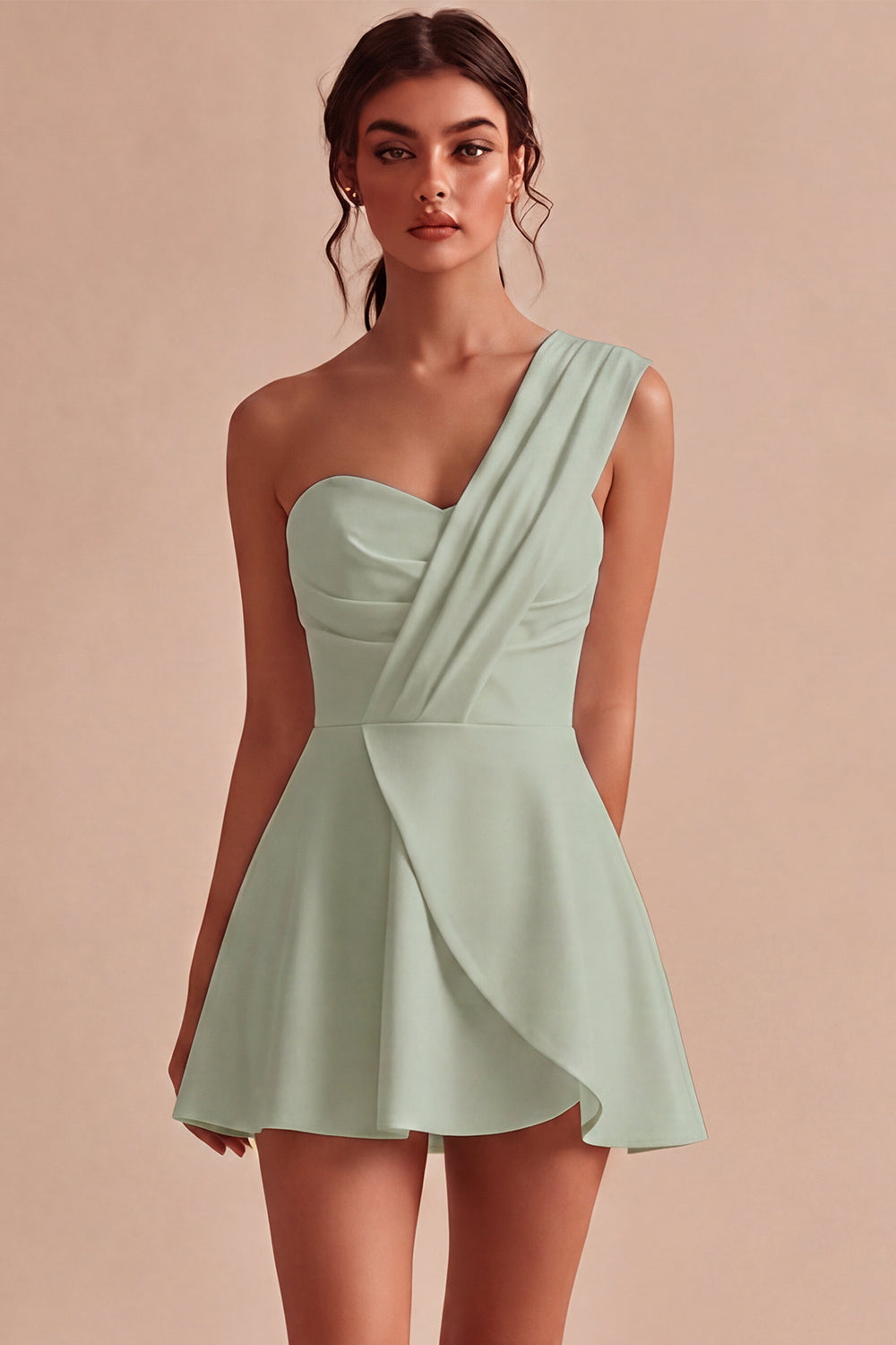 White Ruched A Line One Shoulder Mini Engagement Dress