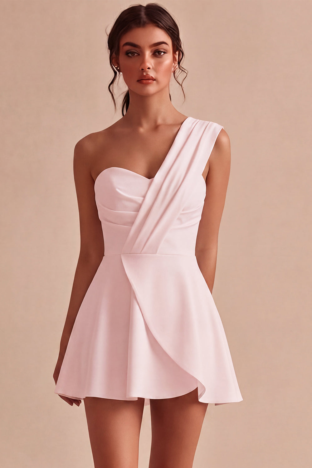 White Ruched A Line One Shoulder Mini Engagement Dress