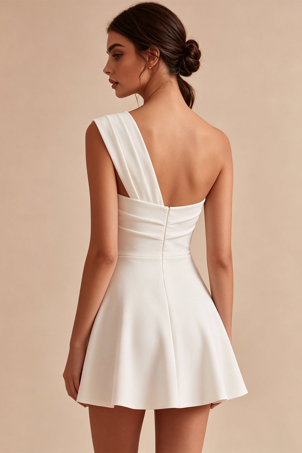 White Ruched A Line One Shoulder Mini Engagement Dress