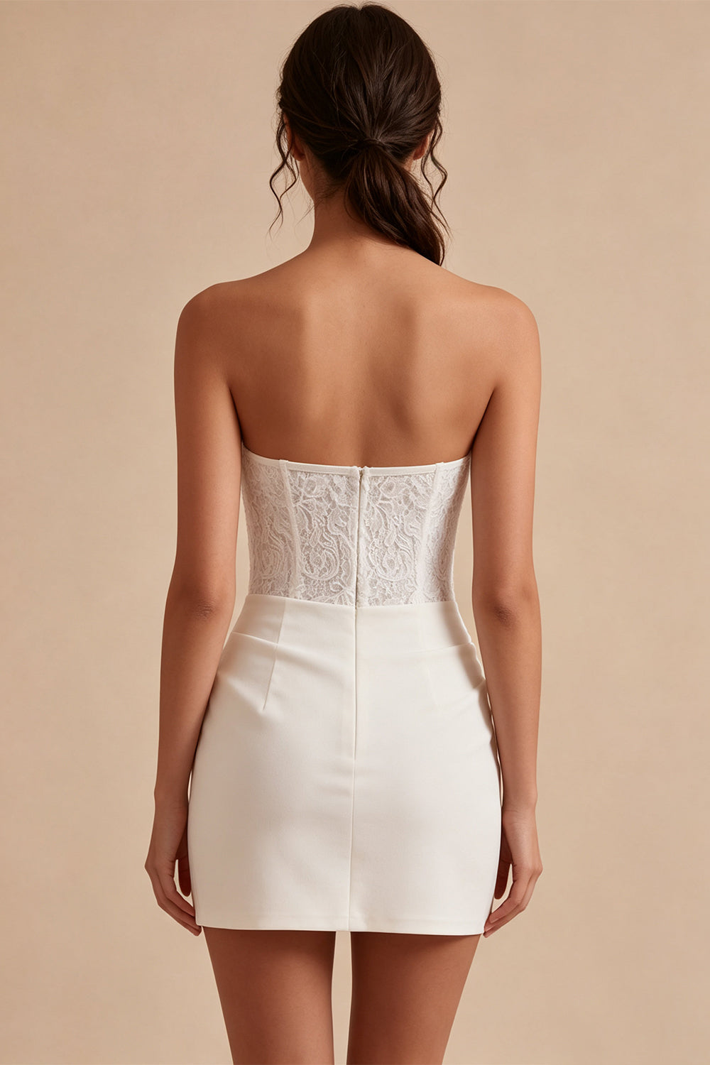 White Lace Corset Strapless Ruched Tight Short Engagement Dress