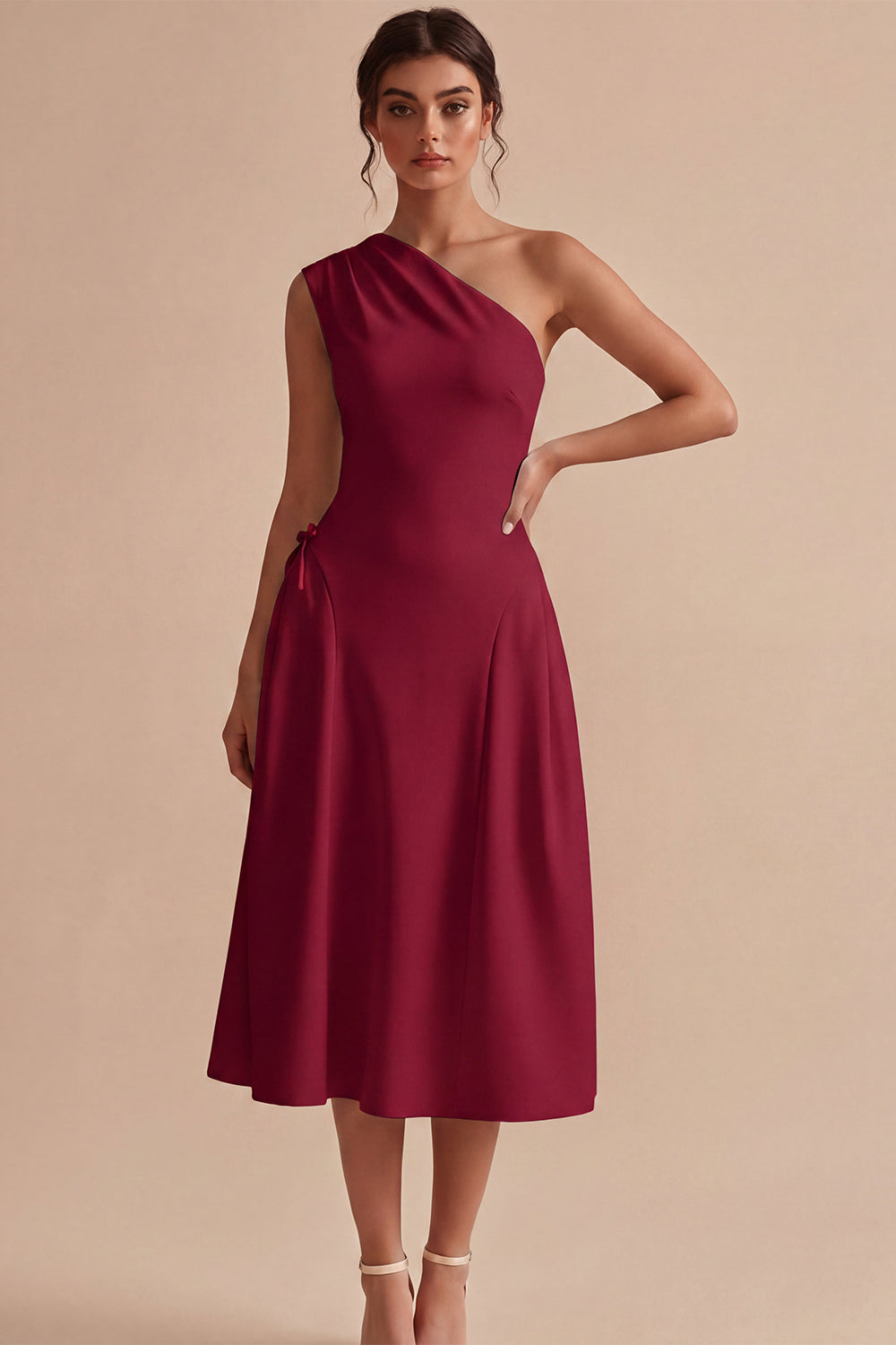 One Shoulder White A-Line Midi Engagement Dress with Bow