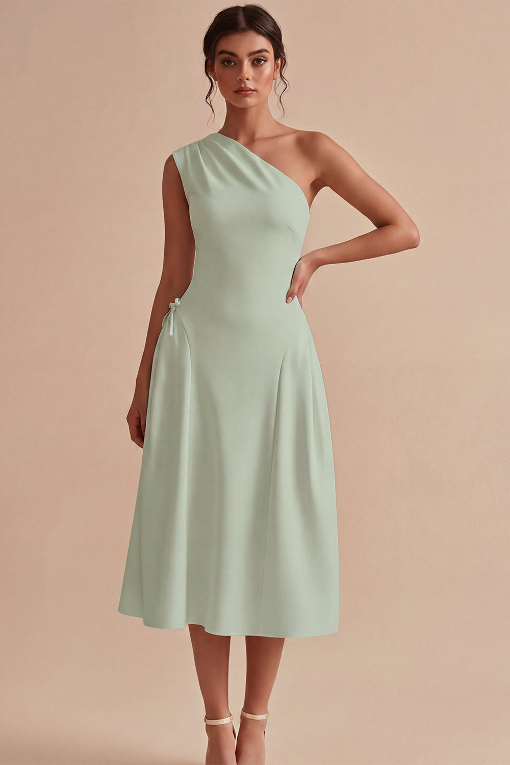 One Shoulder White A-Line Midi Engagement Dress with Bow