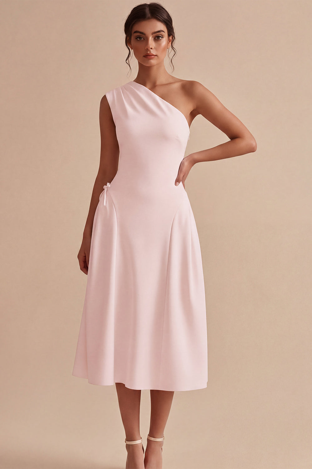 One Shoulder White A-Line Midi Engagement Dress with Bow