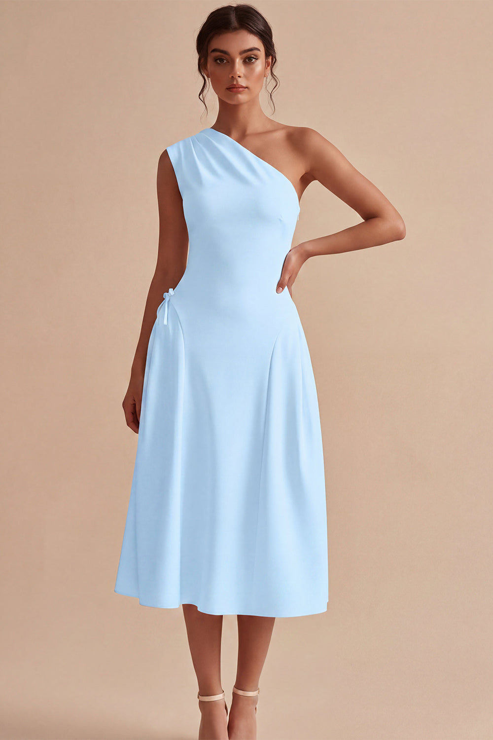 One Shoulder White A-Line Midi Engagement Dress with Bow