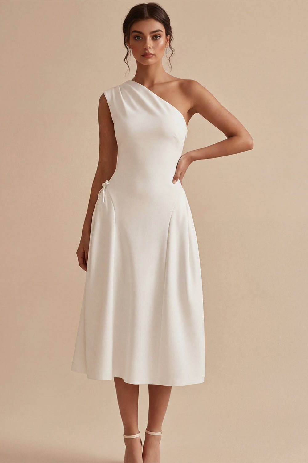 One Shoulder White A-Line Midi Engagement Dress with Bow