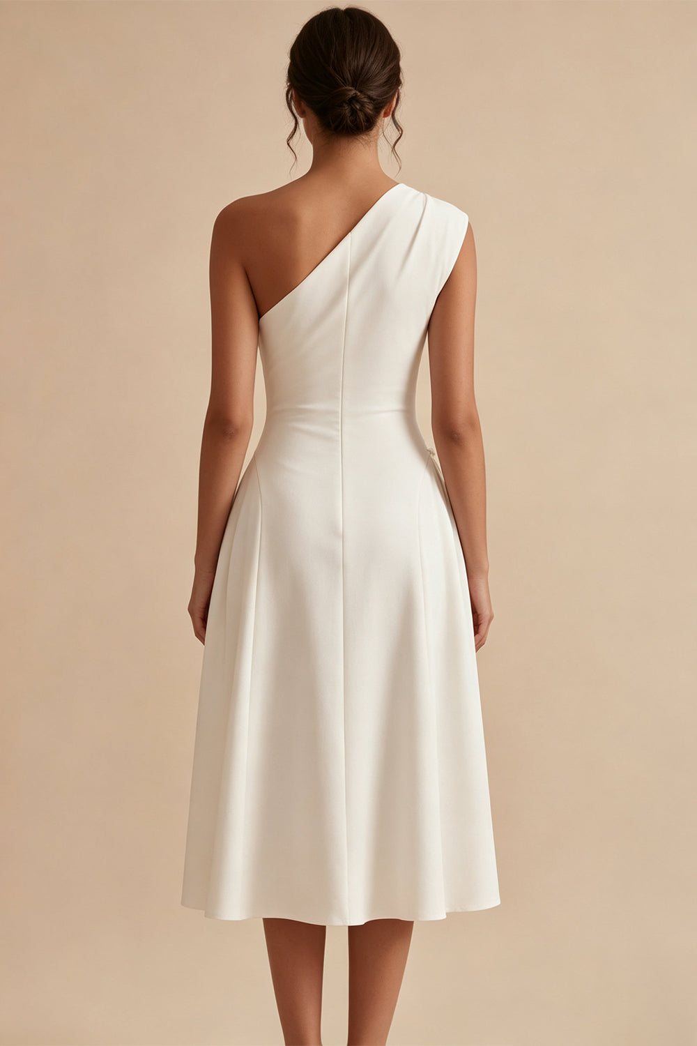 One Shoulder White A-Line Midi Engagement Dress with Bow
