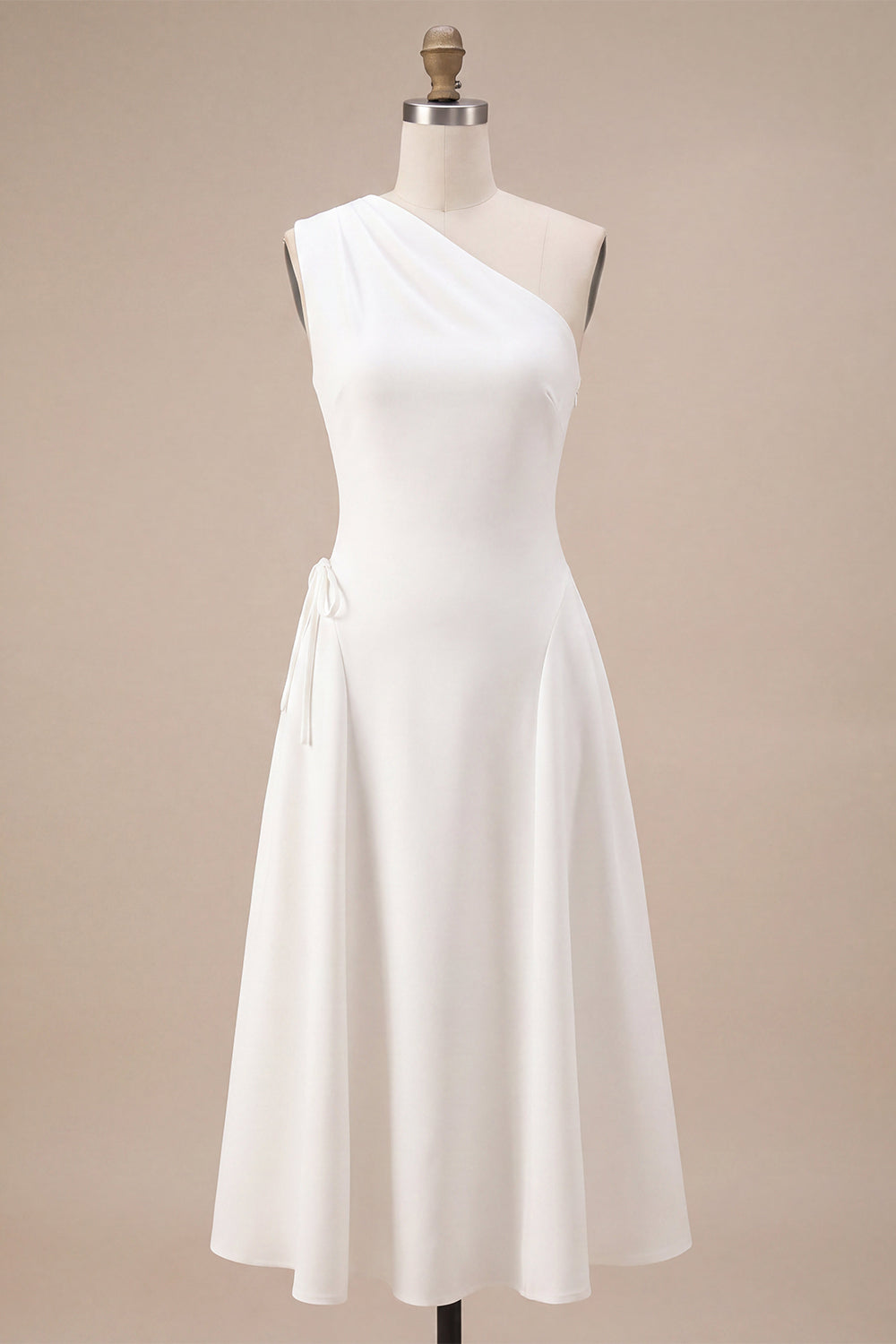 One Shoulder White A-Line Midi Engagement Dress with Bow