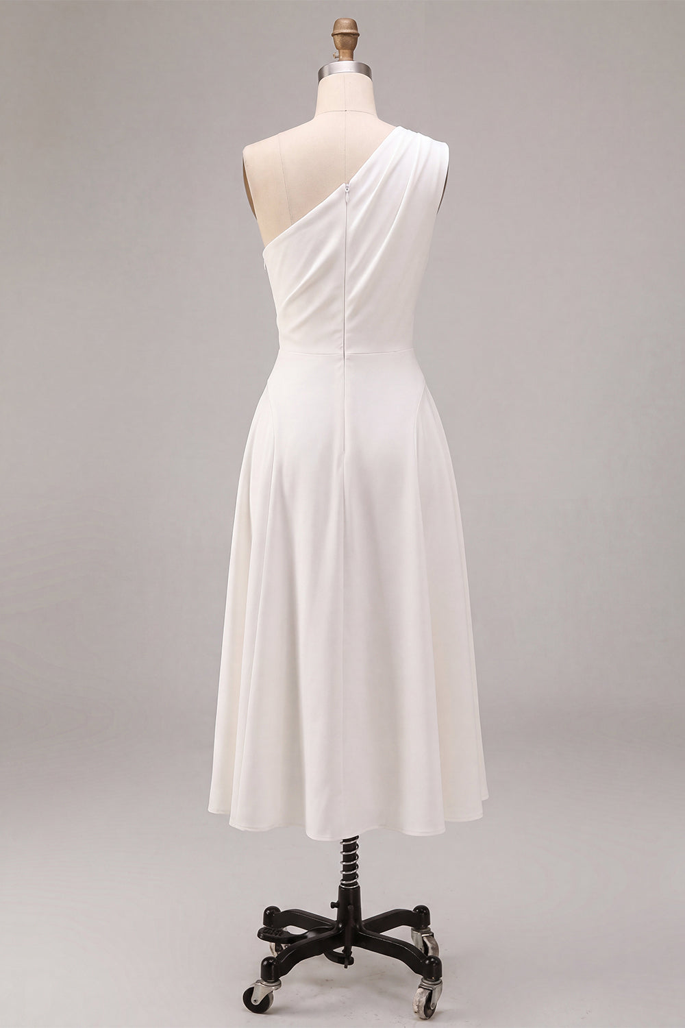 One Shoulder White A-Line Midi Engagement Dress with Bow