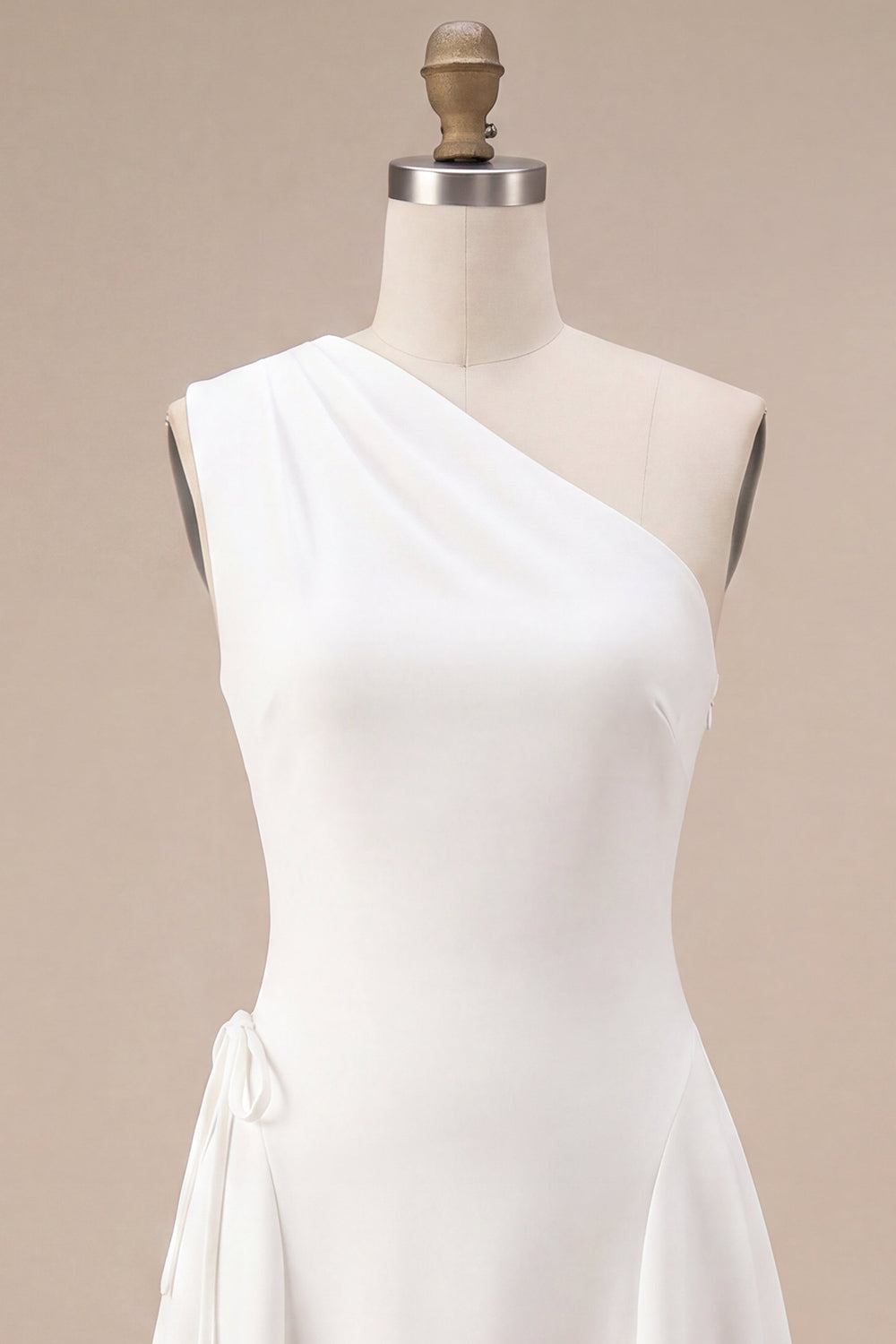 One Shoulder White A-Line Midi Engagement Dress with Bow