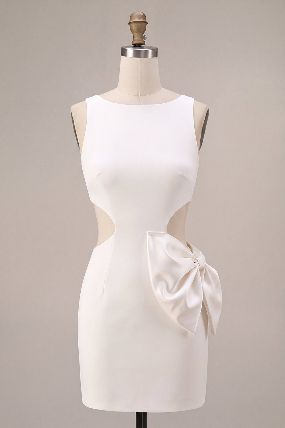 White Tight Round Neck Cut Out Short Engagement Dress with Bow
