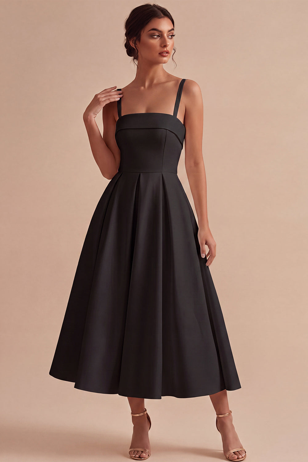 White Square Neck Ruched Satin A-Line Midi Engagement Dress