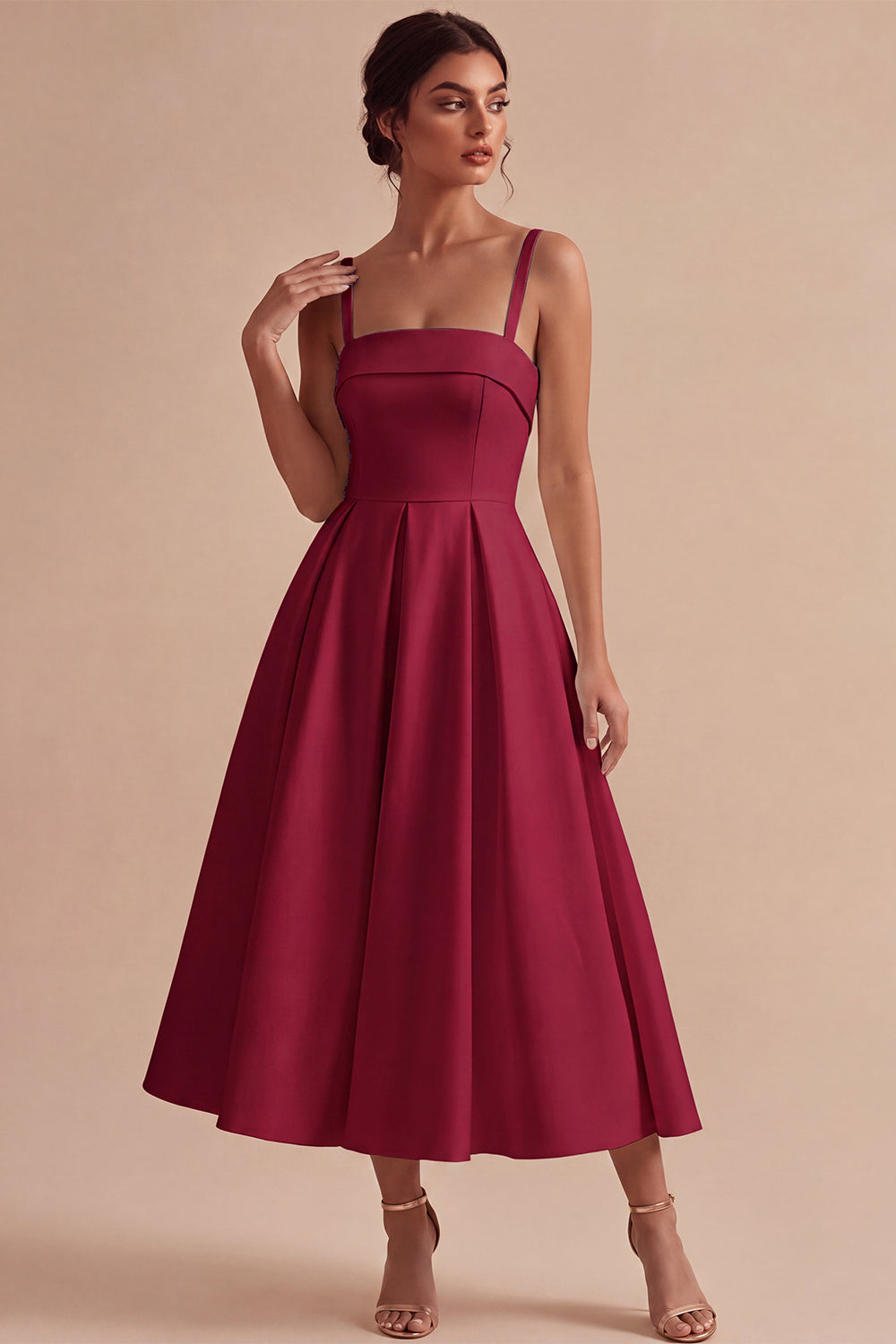 White Square Neck Ruched Satin A-Line Midi Engagement Dress