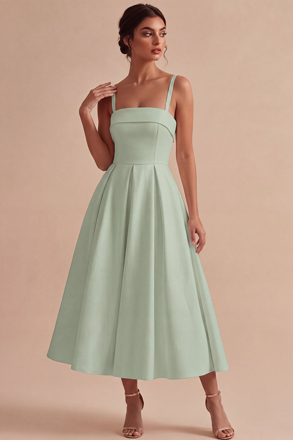 White Square Neck Ruched Satin A-Line Midi Engagement Dress