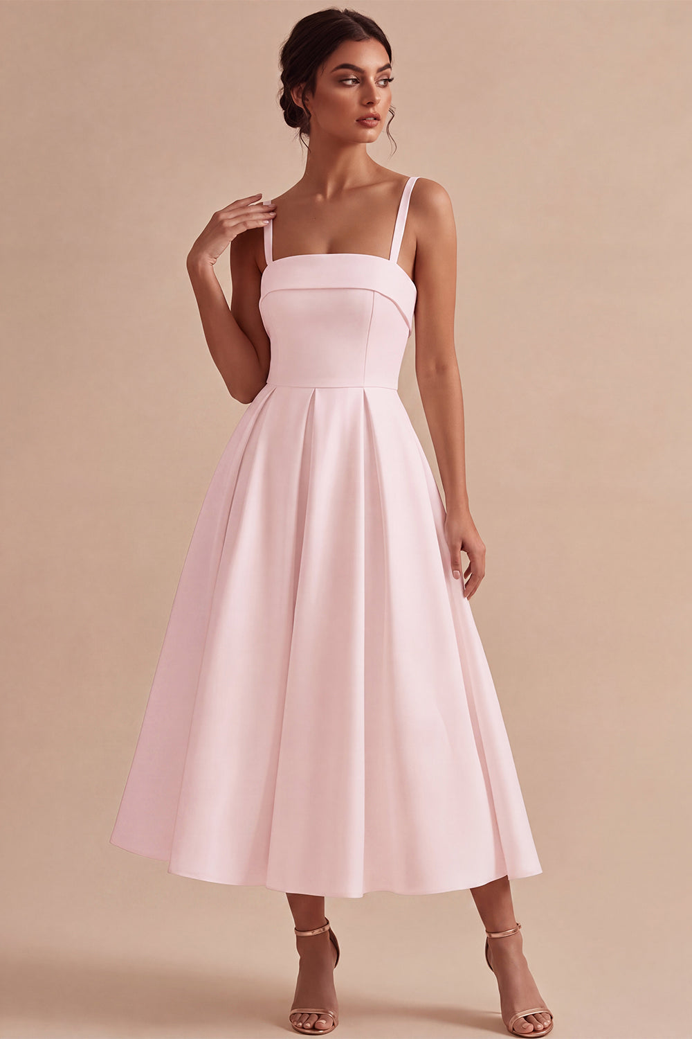 White Square Neck Ruched Satin A-Line Midi Engagement Dress