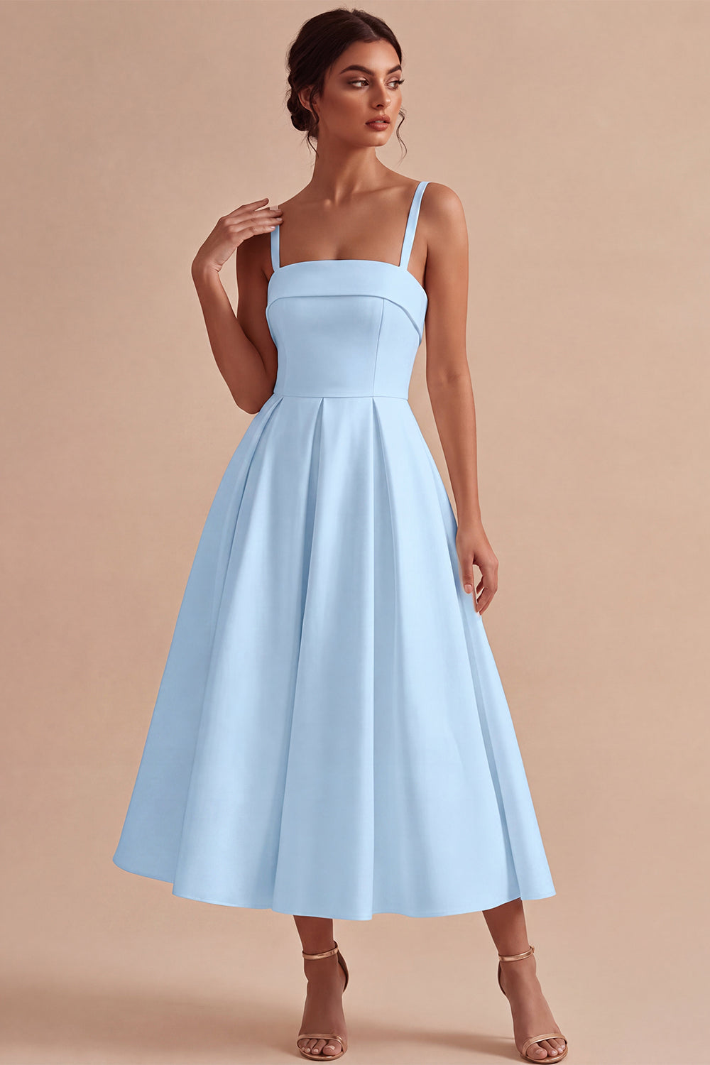White Square Neck Ruched Satin A-Line Midi Engagement Dress
