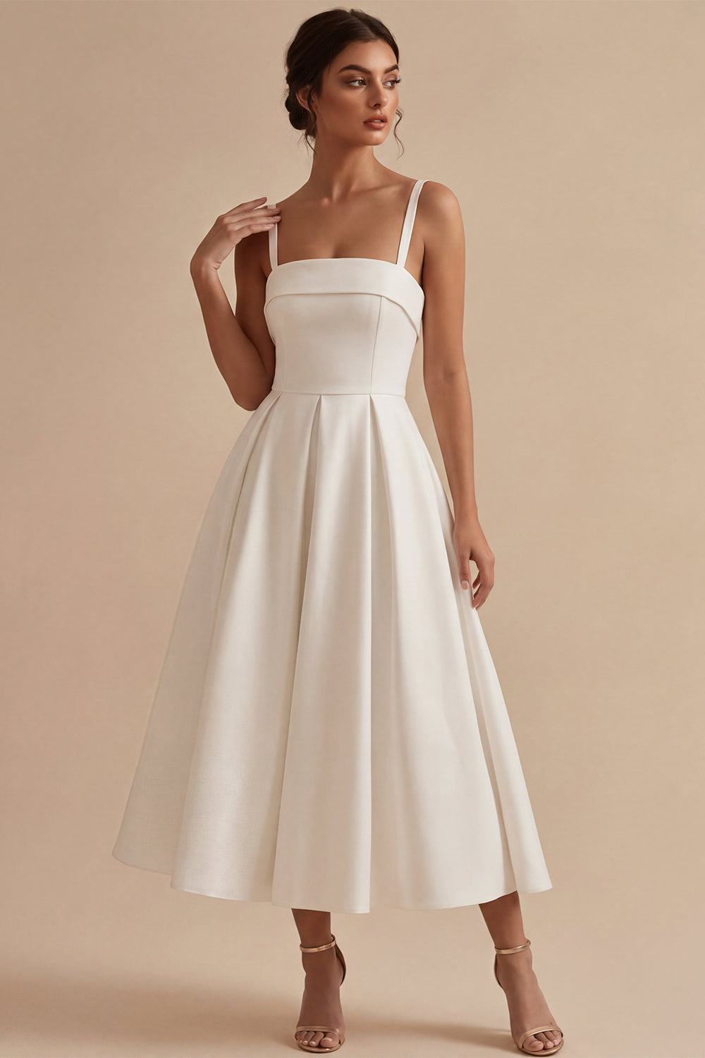 White Square Neck Ruched Satin A-Line Midi Engagement Dress
