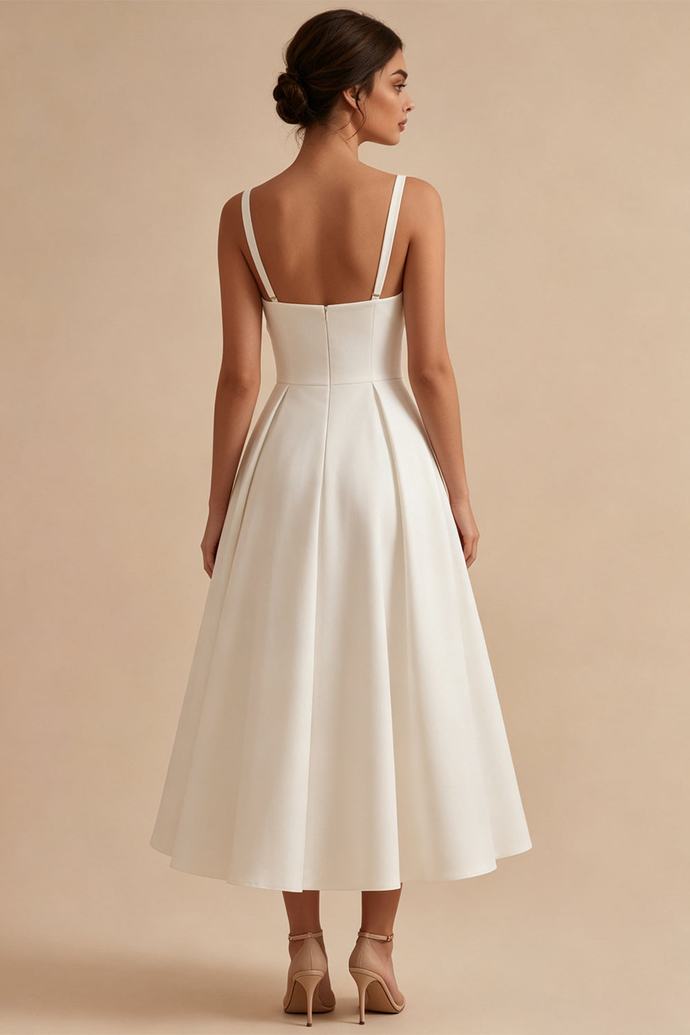 White Square Neck Ruched Satin A-Line Midi Engagement Dress