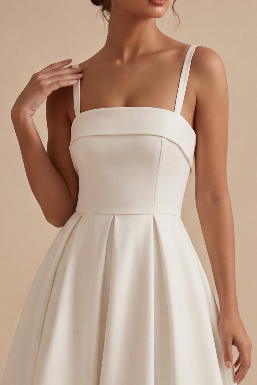 White Square Neck Ruched Satin A-Line Midi Engagement Dress