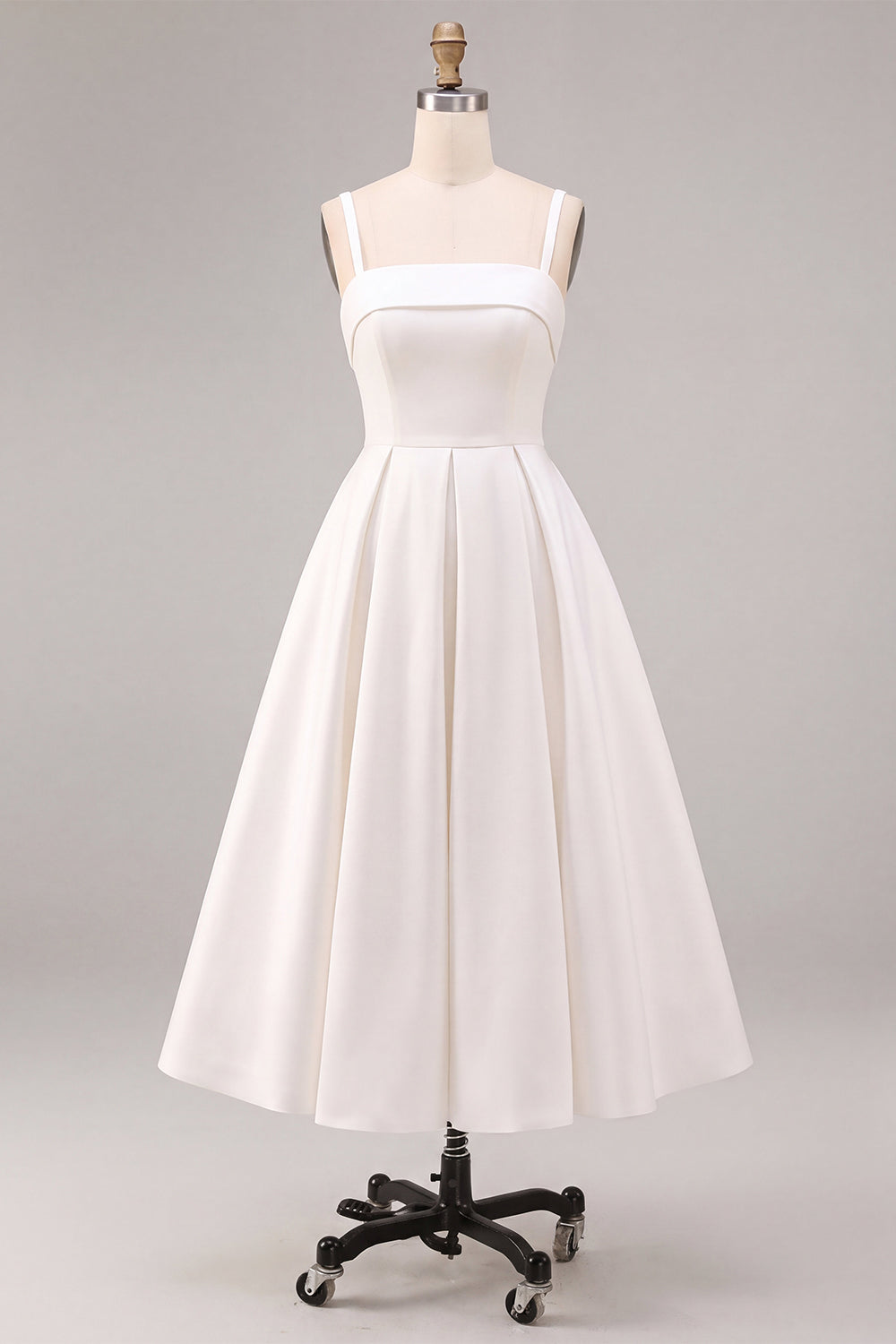 White Square Neck Ruched Satin A-Line Midi Engagement Dress