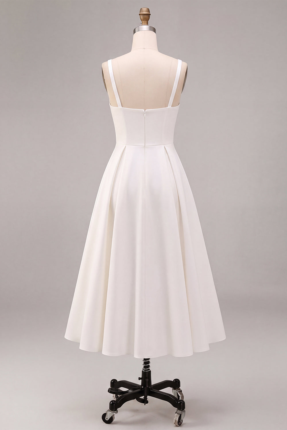 White Square Neck Ruched Satin A-Line Midi Engagement Dress