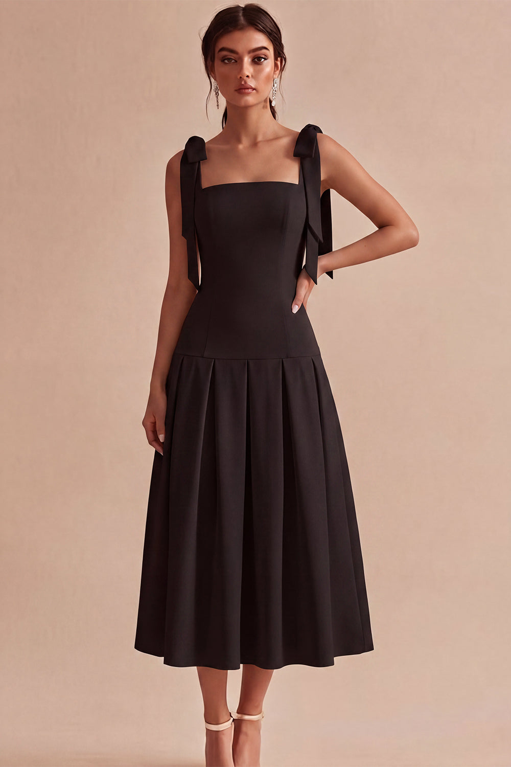 White Square Neck Ruched A-Line Midi Engagement Dress with Bows
