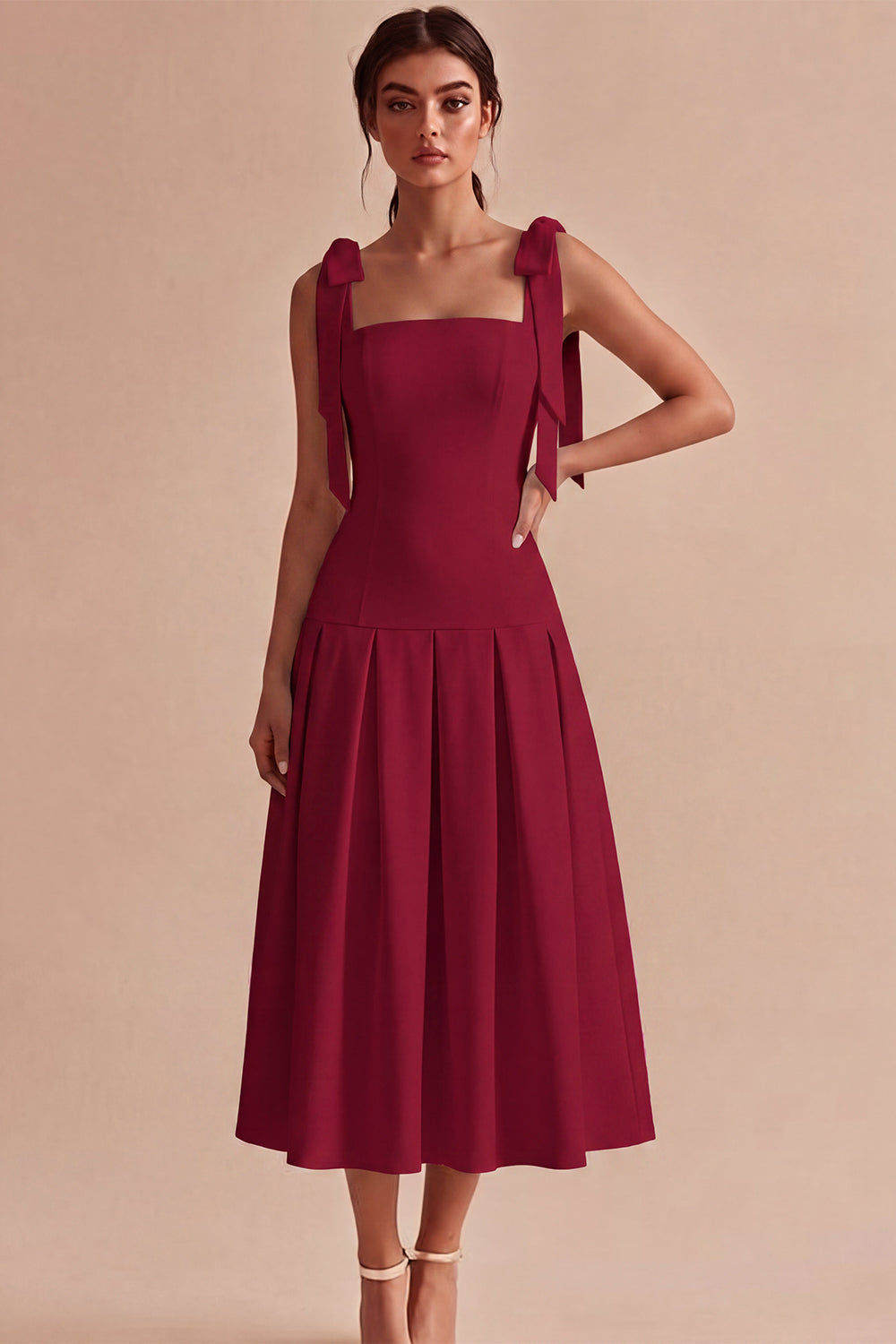 White Square Neck Ruched A-Line Midi Engagement Dress with Bows