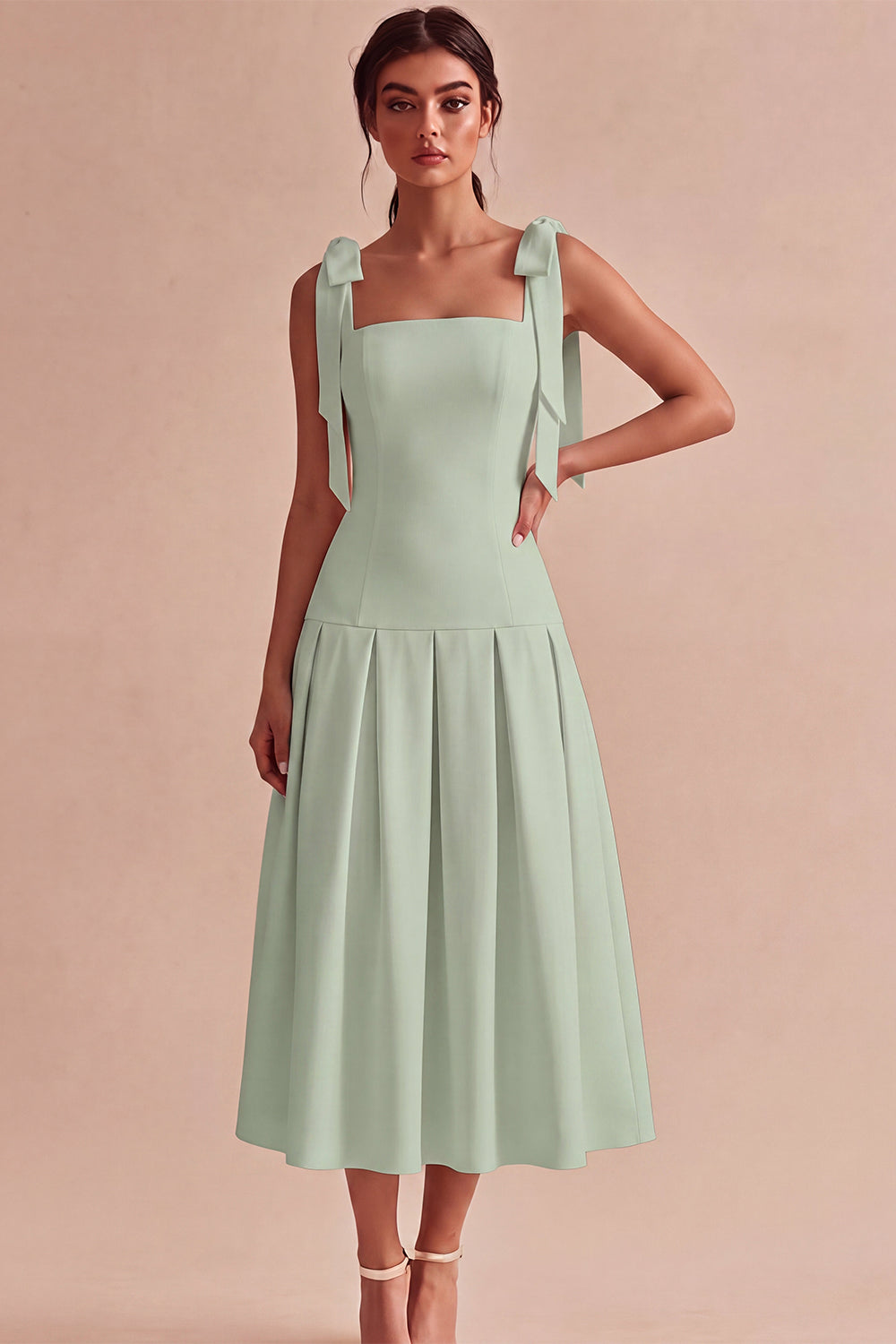 White Square Neck Ruched A-Line Midi Engagement Dress with Bows