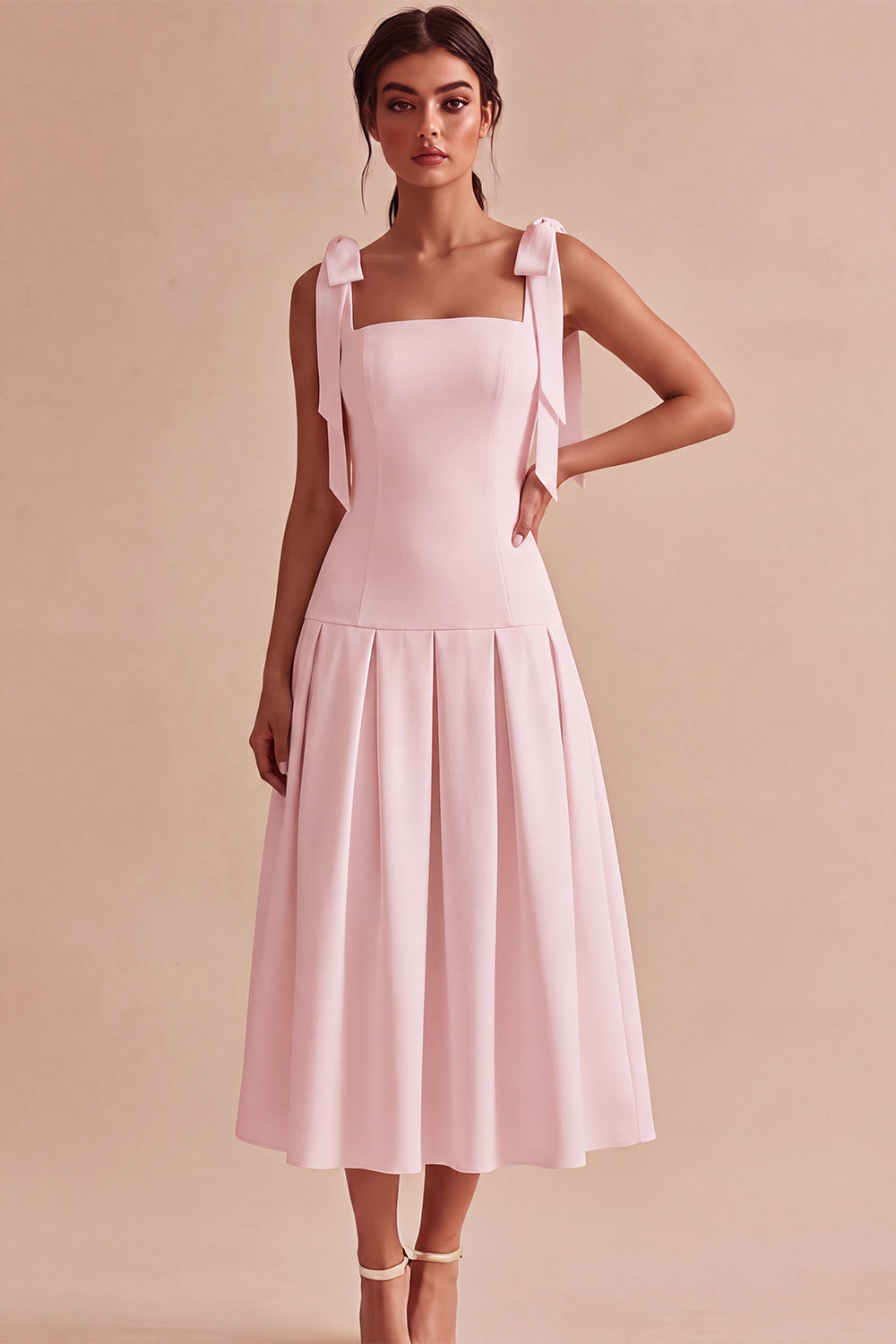 White Square Neck Ruched A-Line Midi Engagement Dress with Bows