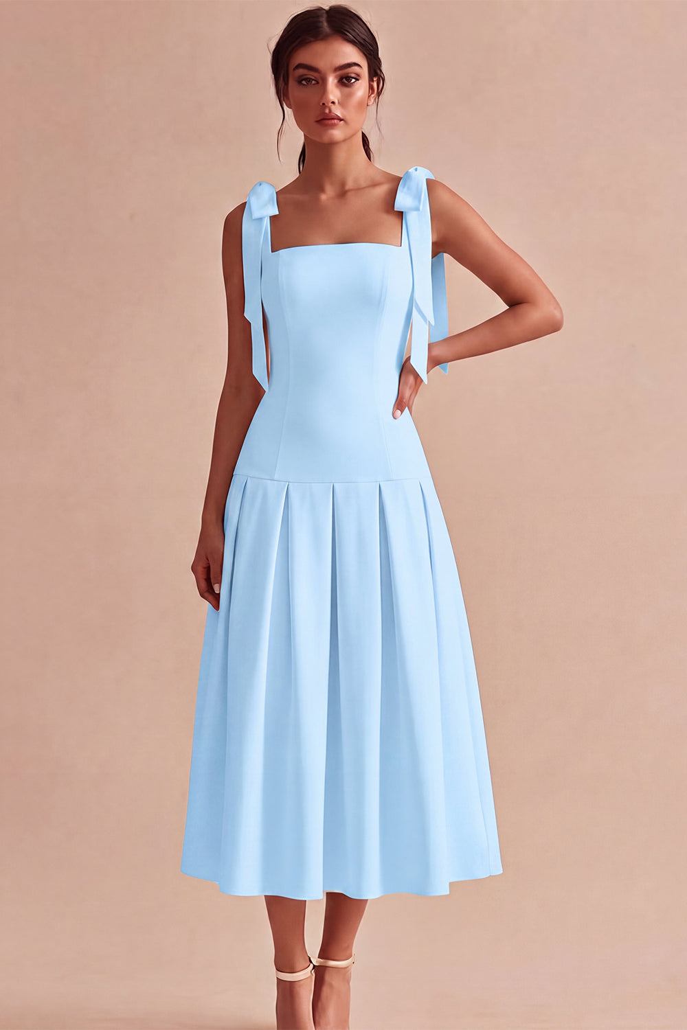 White Square Neck Ruched A-Line Midi Engagement Dress with Bows