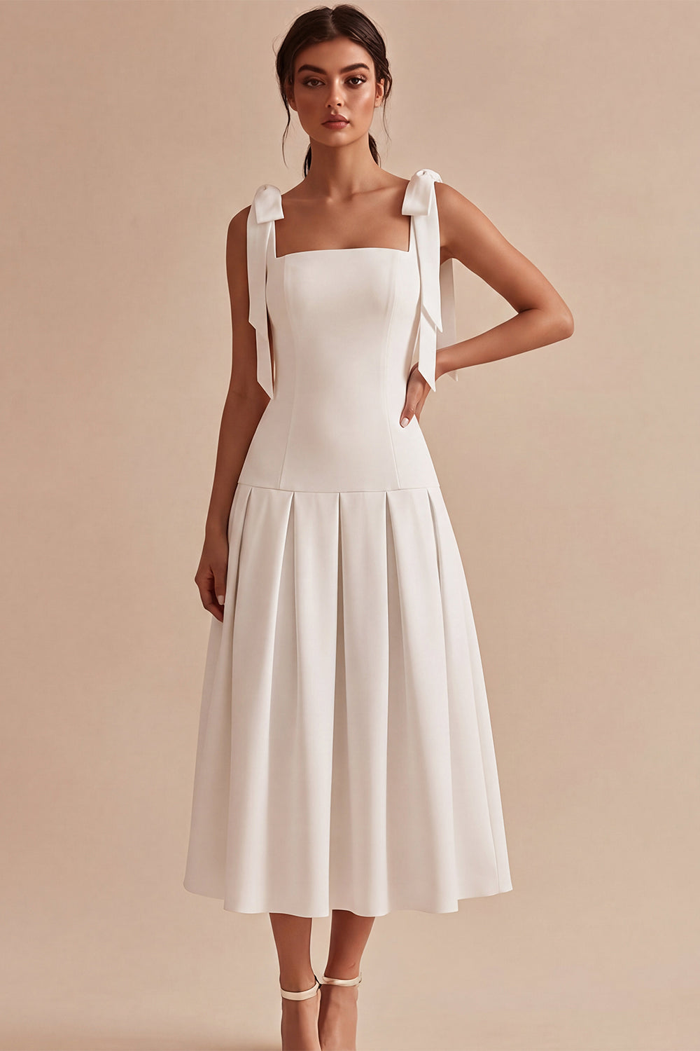 White Square Neck Ruched A-Line Midi Engagement Dress with Bows