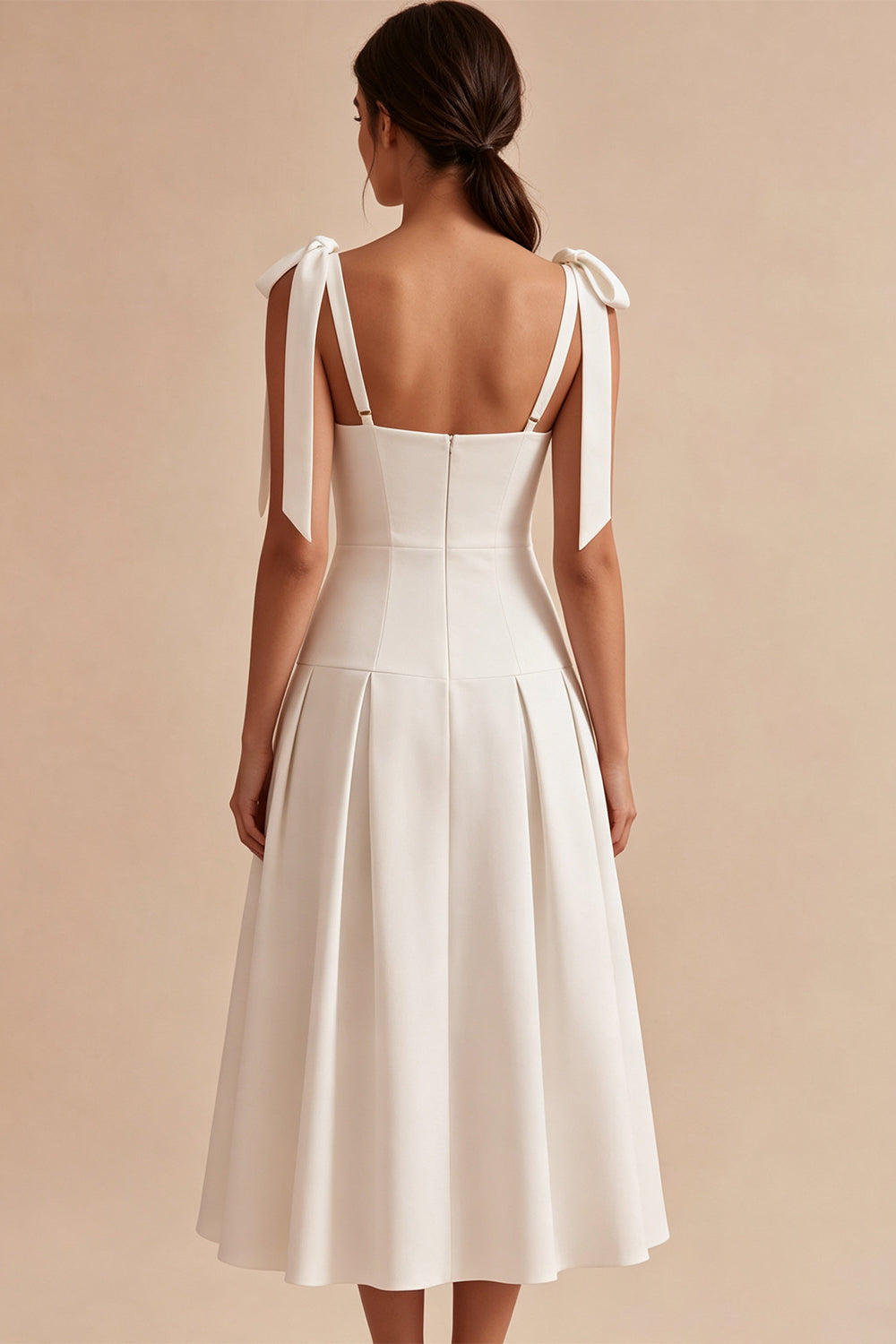 White Square Neck Ruched A-Line Midi Engagement Dress with Bows
