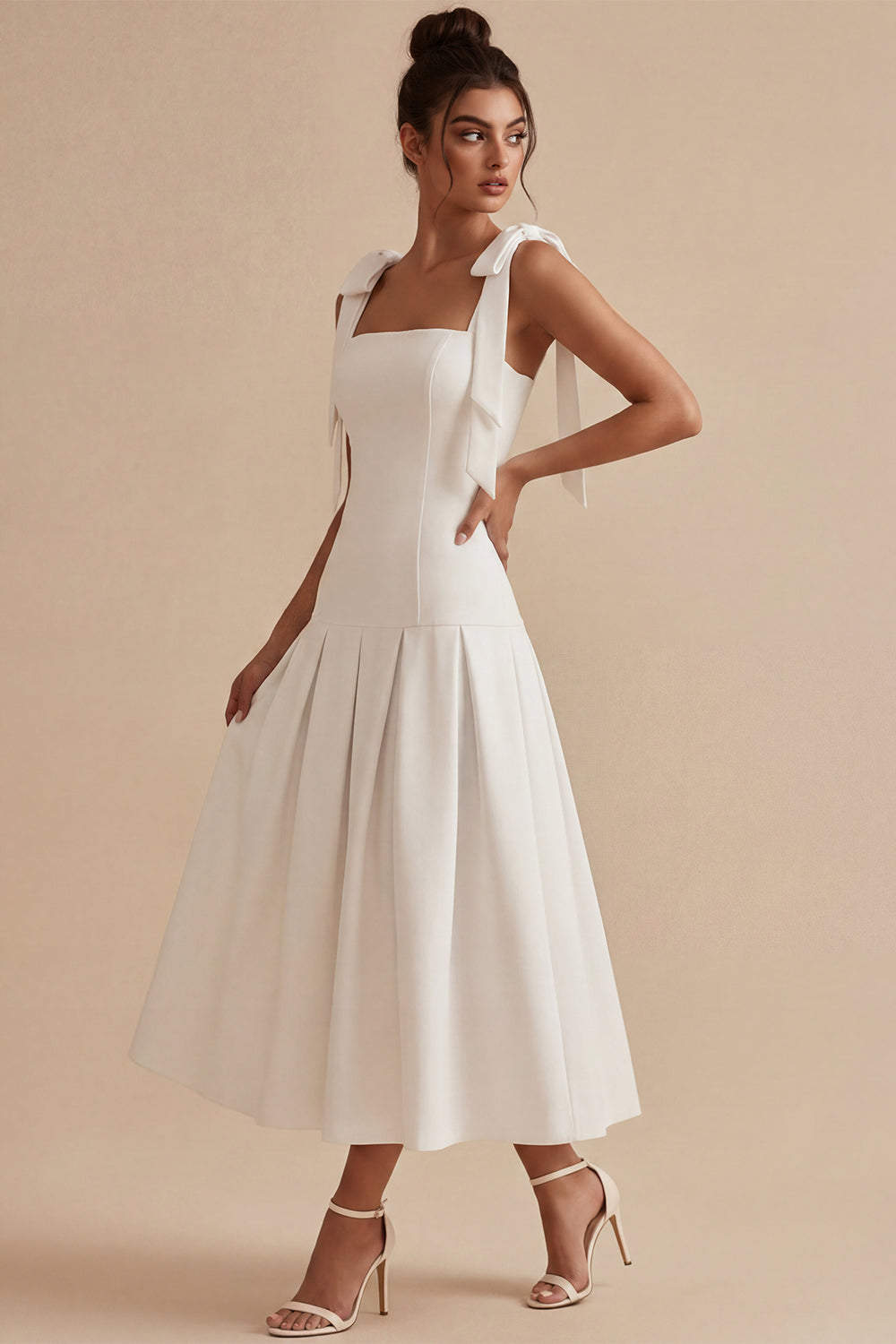 White Square Neck Ruched A-Line Midi Engagement Dress with Bows
