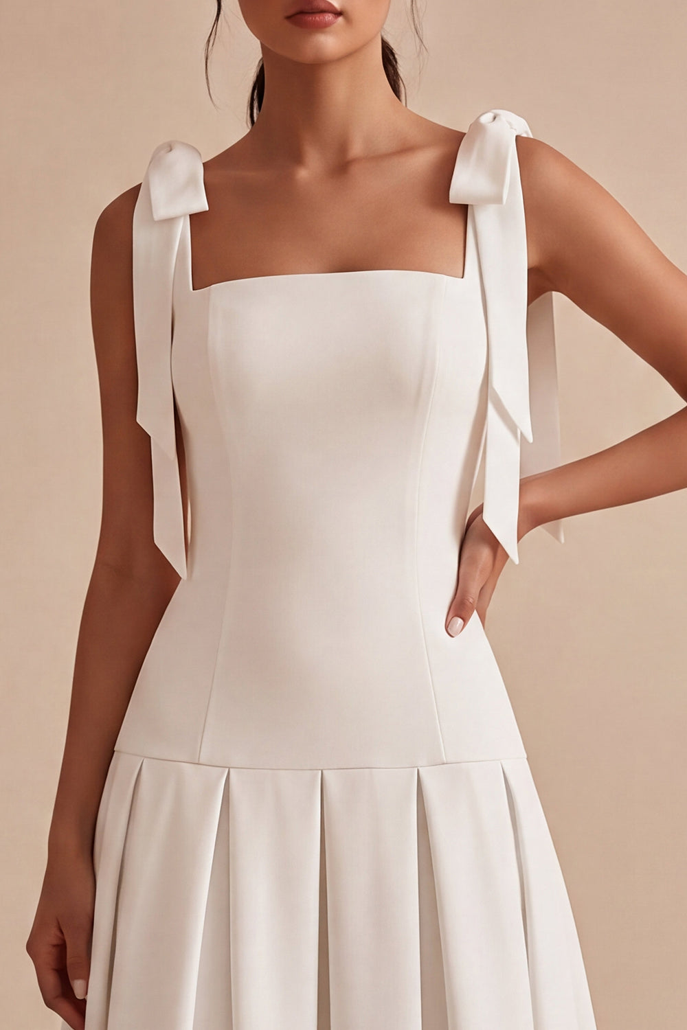White Square Neck Ruched A-Line Midi Engagement Dress with Bows
