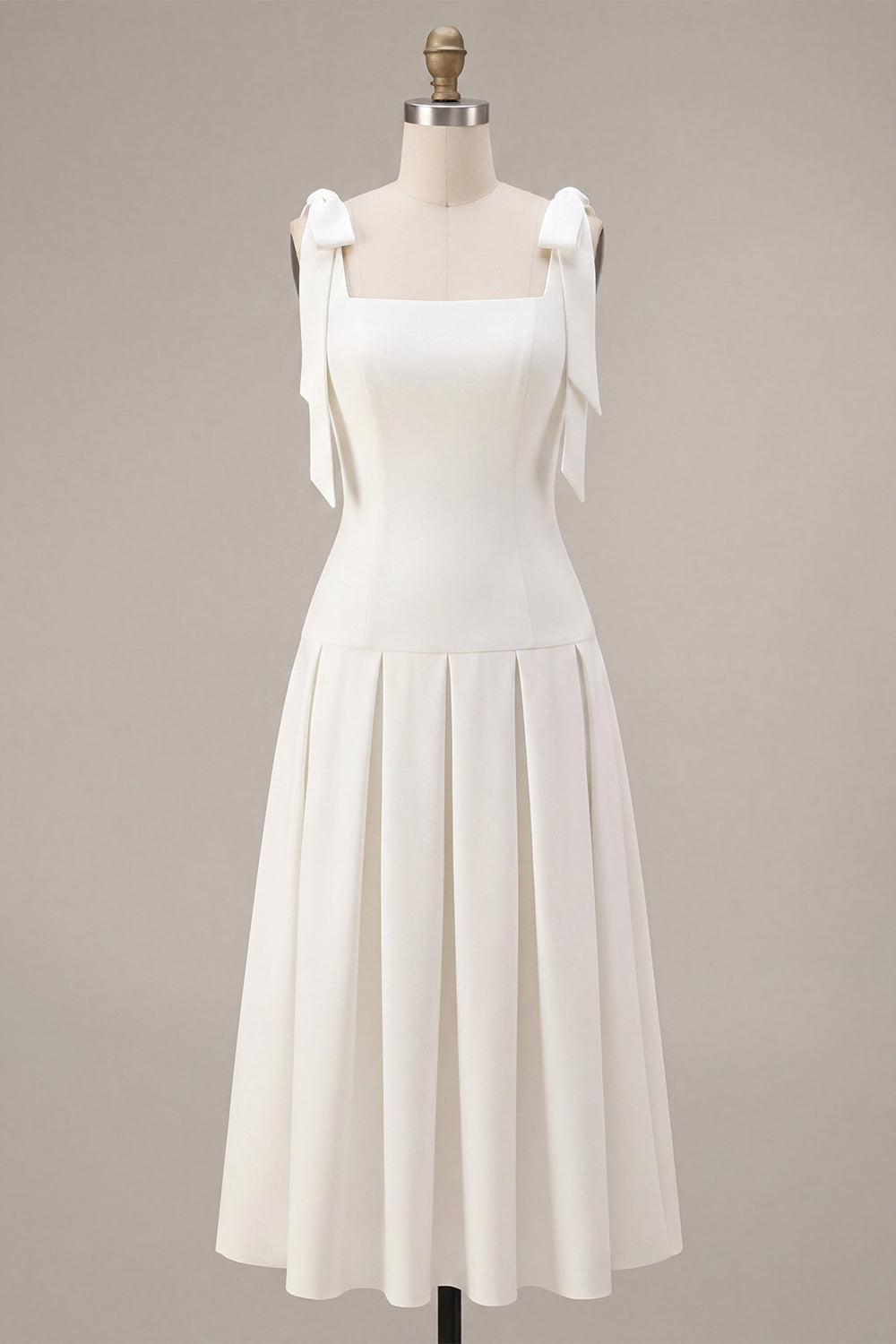 White Square Neck Ruched A-Line Midi Engagement Dress with Bows