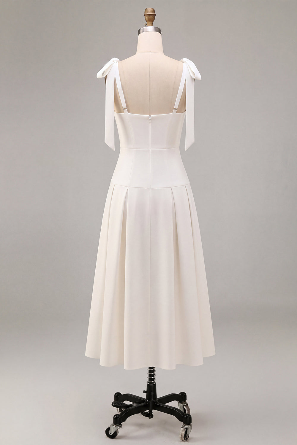White Square Neck Ruched A-Line Midi Engagement Dress with Bows