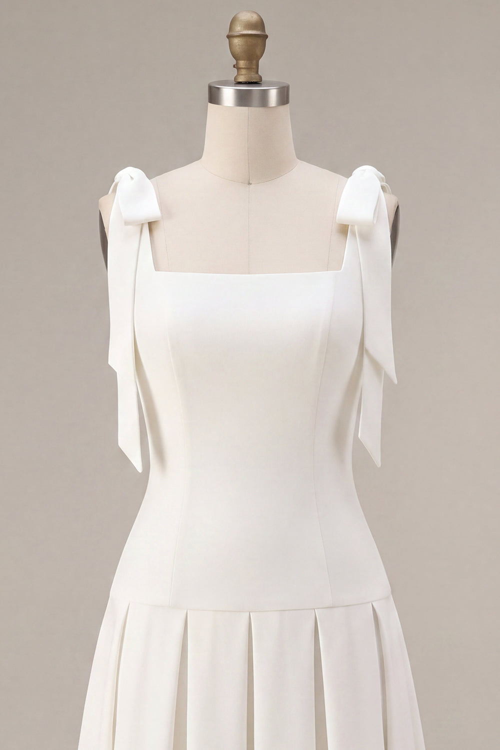 White Square Neck Ruched A-Line Midi Engagement Dress with Bows