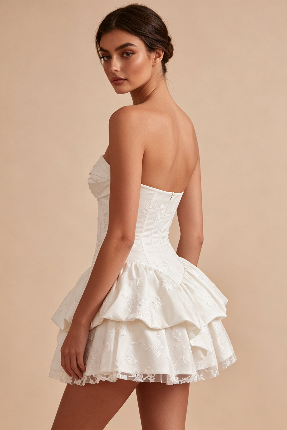 White Corset Floral Ruffled Strapless A Line Mini Engagement Dress