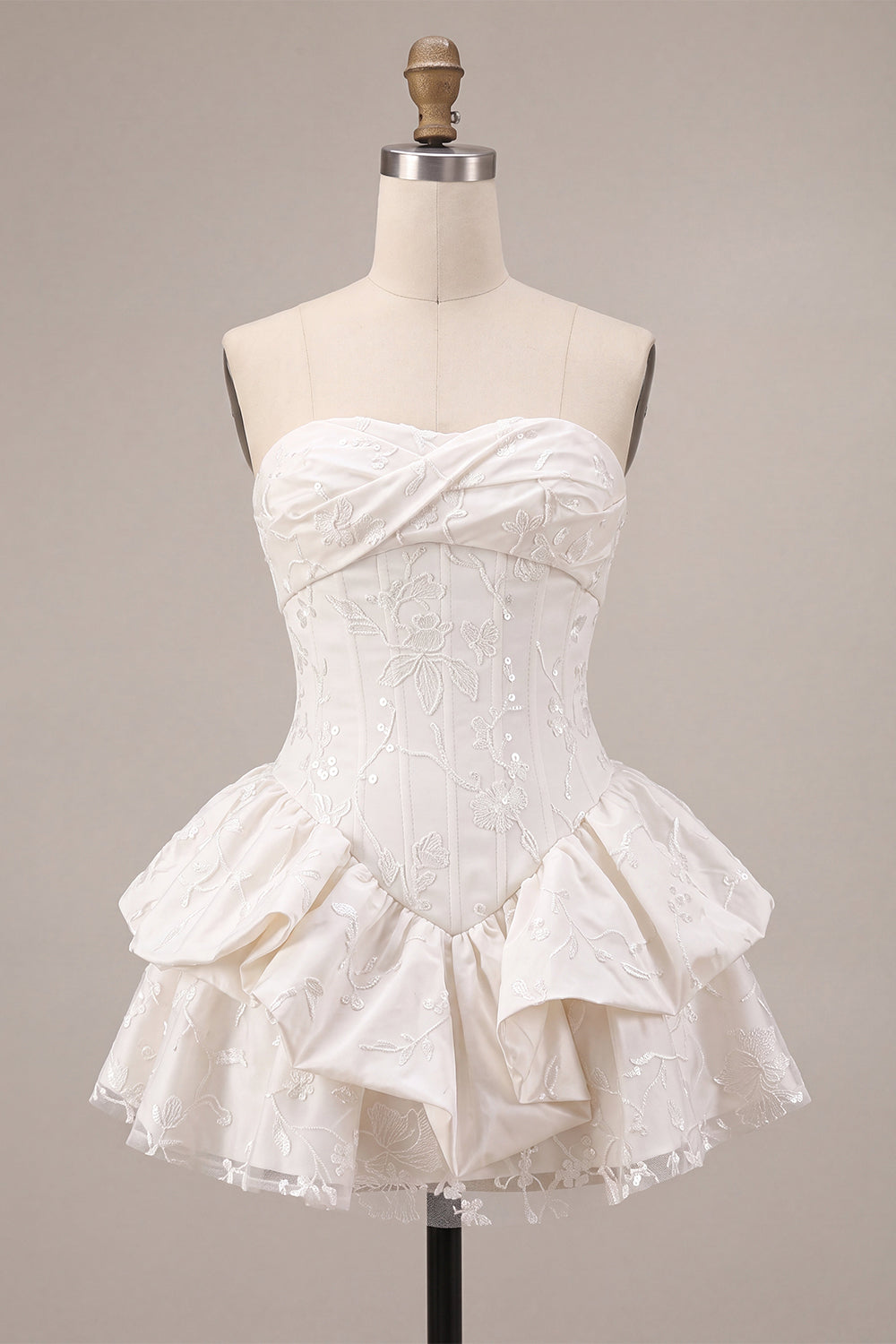White Corset Floral Ruffled Strapless A Line Mini Engagement Dress
