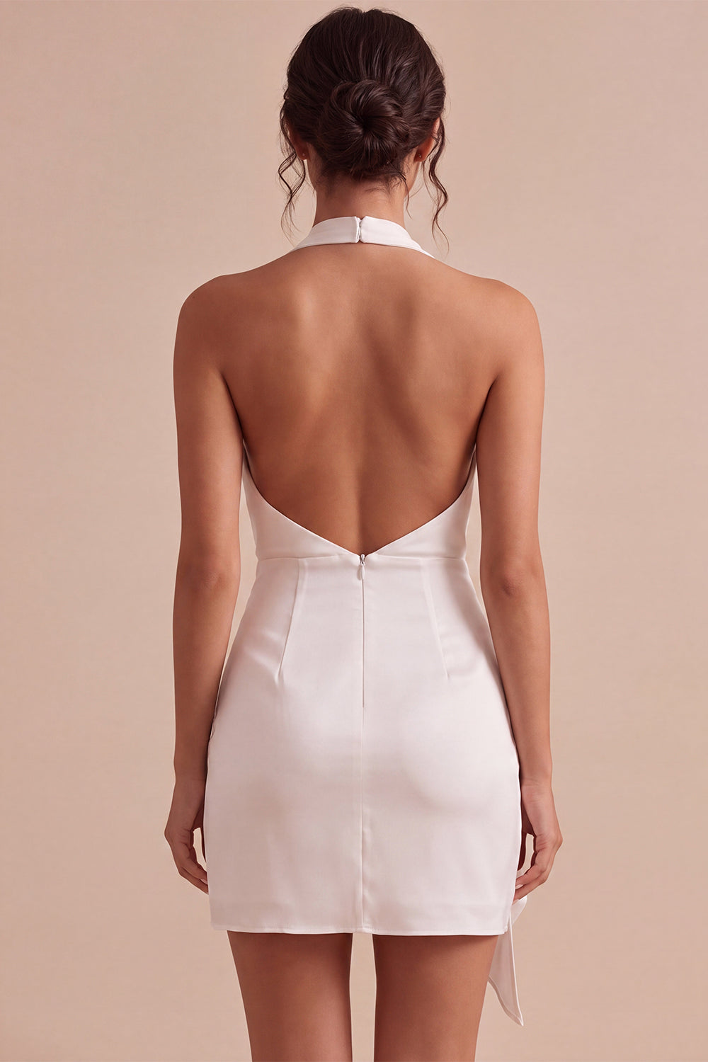 White Halter Tight Cowl Neck Short Engagement Dress with Sash