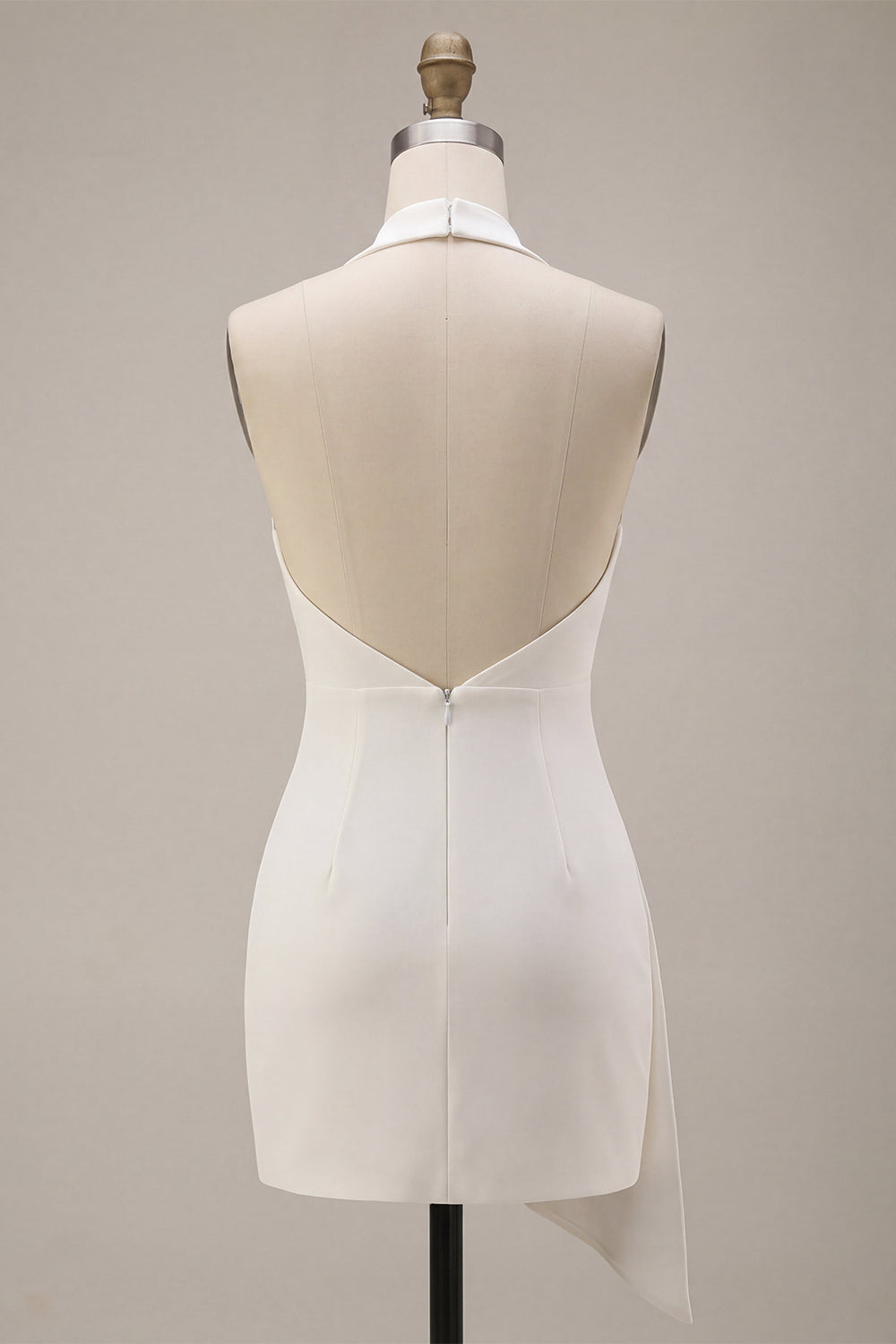 White Halter Tight Cowl Neck Short Engagement Dress with Sash