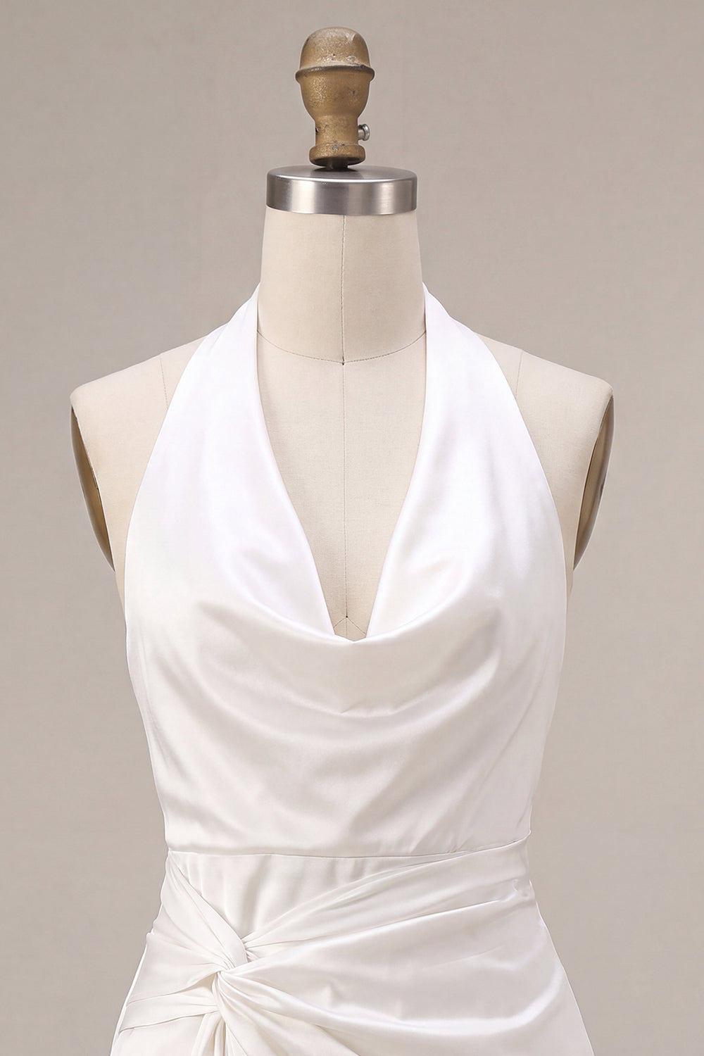 White Halter Tight Cowl Neck Short Engagement Dress with Sash