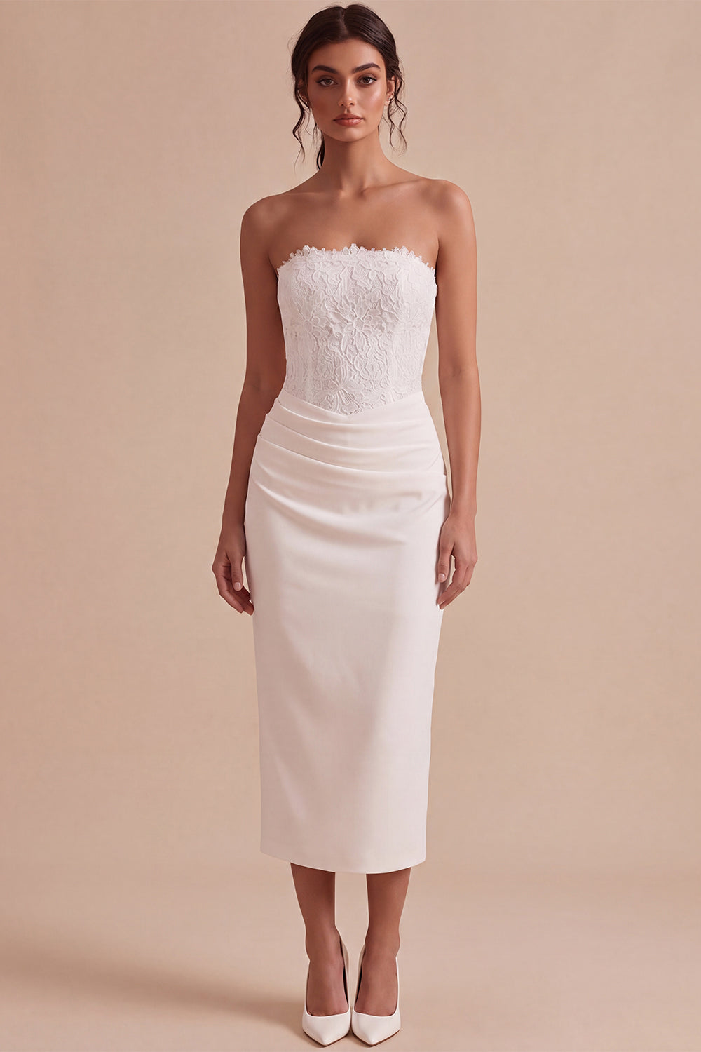 White Ruched Sheath Strapless Midi Boho Engagement Dress with Lace