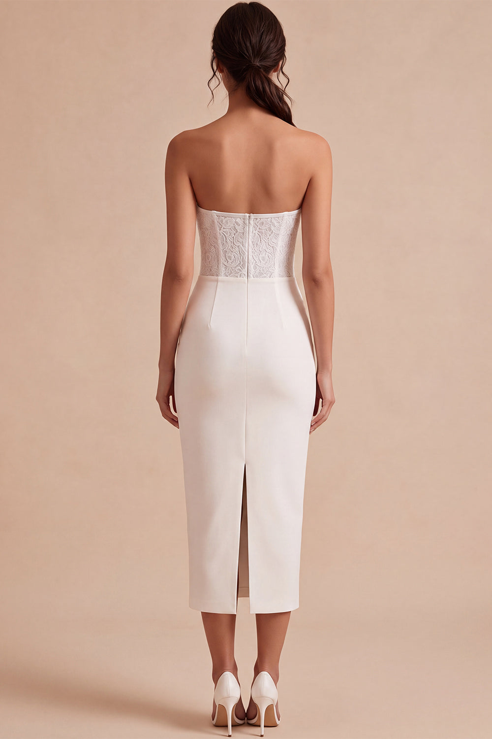 White Ruched Sheath Strapless Midi Boho Engagement Dress with Lace