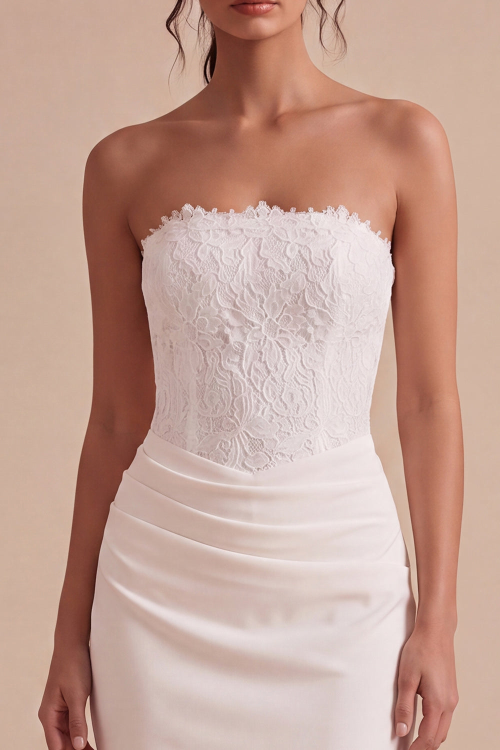 White Ruched Sheath Strapless Midi Boho Engagement Dress with Lace