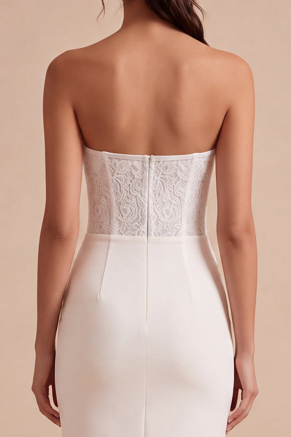White Ruched Sheath Strapless Midi Boho Engagement Dress with Lace